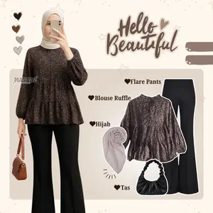 One Set Celana Dan Atasan ( Blouse Rayon Ruffle + Celana Cutbray + Tas Bahu + Jilbab Segiempat ) Outfit Old Modey Ootd Hijab Flare Pants LQ008 1  set  korean  style