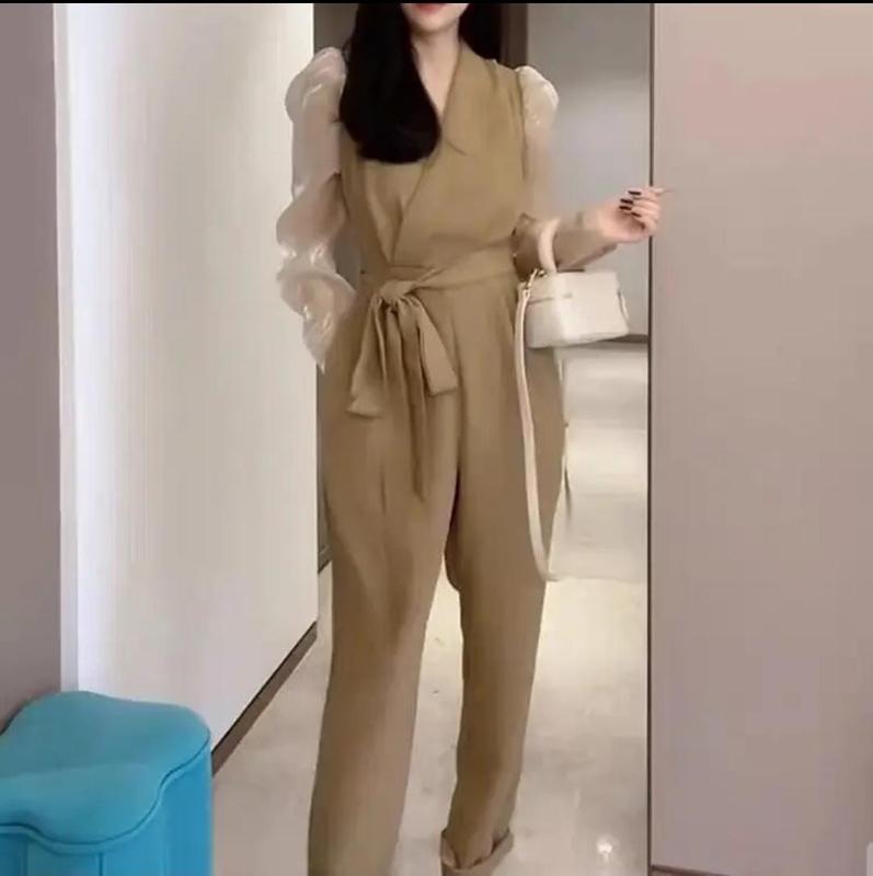 New Commuter Slim Fit Network Red Same Style Fashion Jumpsuit Women's Solid Color Mesh Bubble Sleeve Lace Up Slim On 2