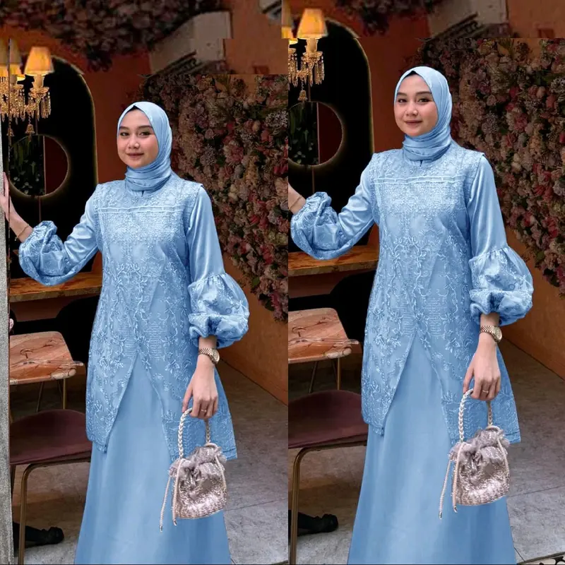Gamis Farah / Maxi brukat / Muslim Wanita  Tile  Mutiara  Dress   Karet  Pesta  Mewah  Dalaman  Fit UK L DAN XL Kondangan Coklat Brokat Gaun 4
