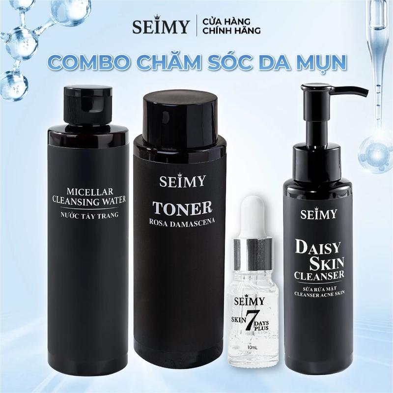 Combo Chăm Sóc Da Dầu Mụn Seimy 4 bước Nước Tẩy Trang, Sữa Rửa Mặt, Nước Hoa Hồng, Serum Skin 7 Days