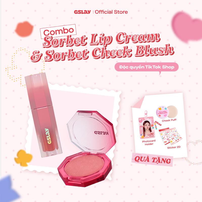 [ĐỘC QUYỀN TTS] Combo GSLAY Sorbet Má hồng kem hóa phấn mịn lì, nhũ dễ tán bền màu 5gr và Son kem thuần chay che phủ rãnh môi, giữ màu lâu trôi 4gr