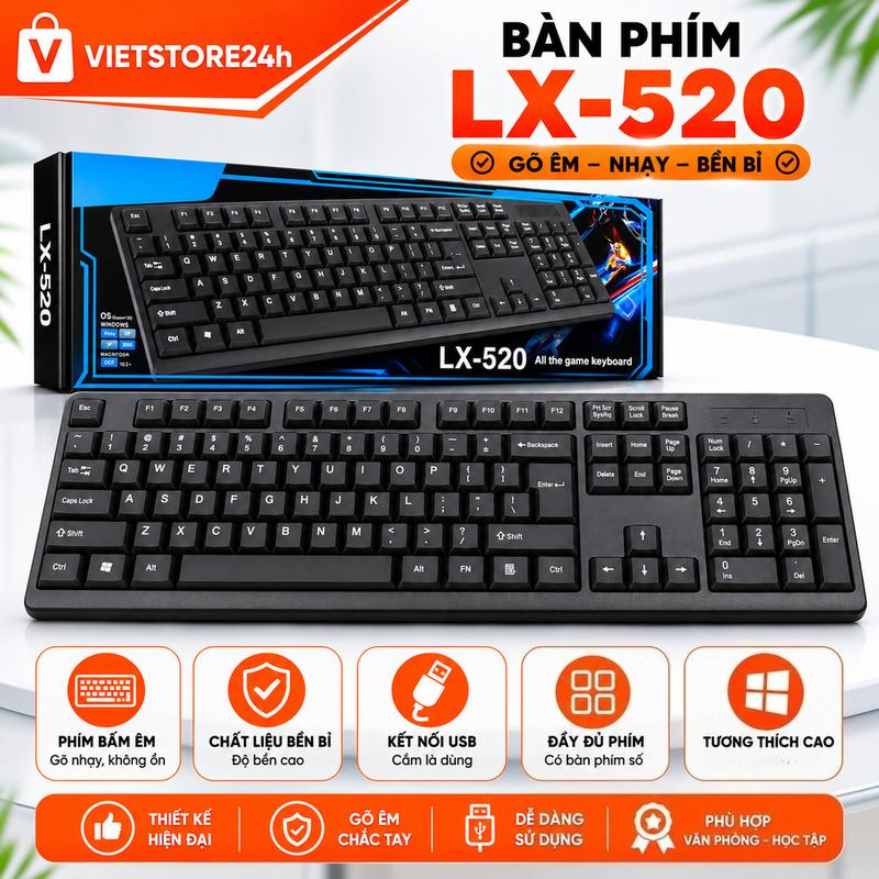 Bàn Phím LX-520 Có Dây Cho PC, Laptop... , Phím Bấm Êm Ái Không Gây Tiếng Ồn