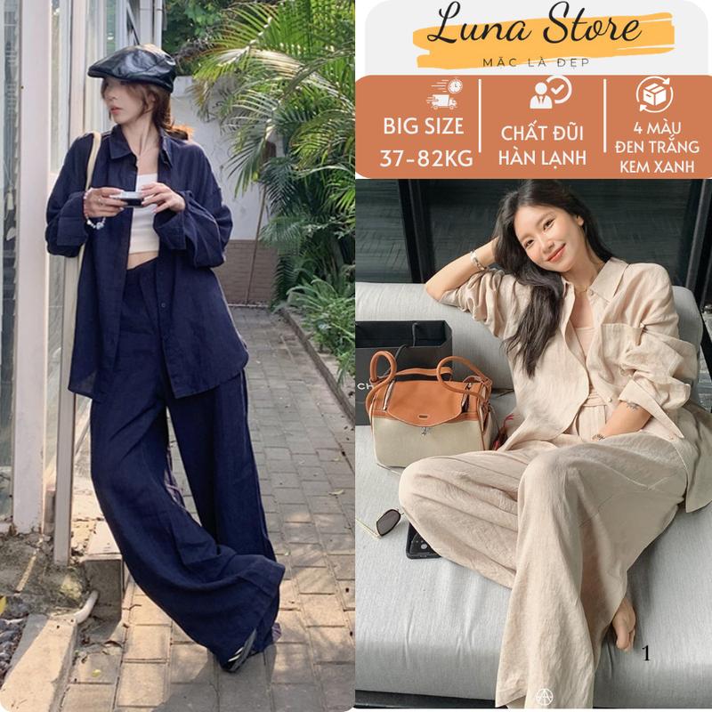 Luna Store Set đồ nữ đẹp BIGSIZE đồ đi chùa bộ đi chơi đi biển hai món áo sơ mi mix quần suông form rộng đẹp chất liệu đũi tơ mềm mướt 1 lớp size S M L XL 2XL
