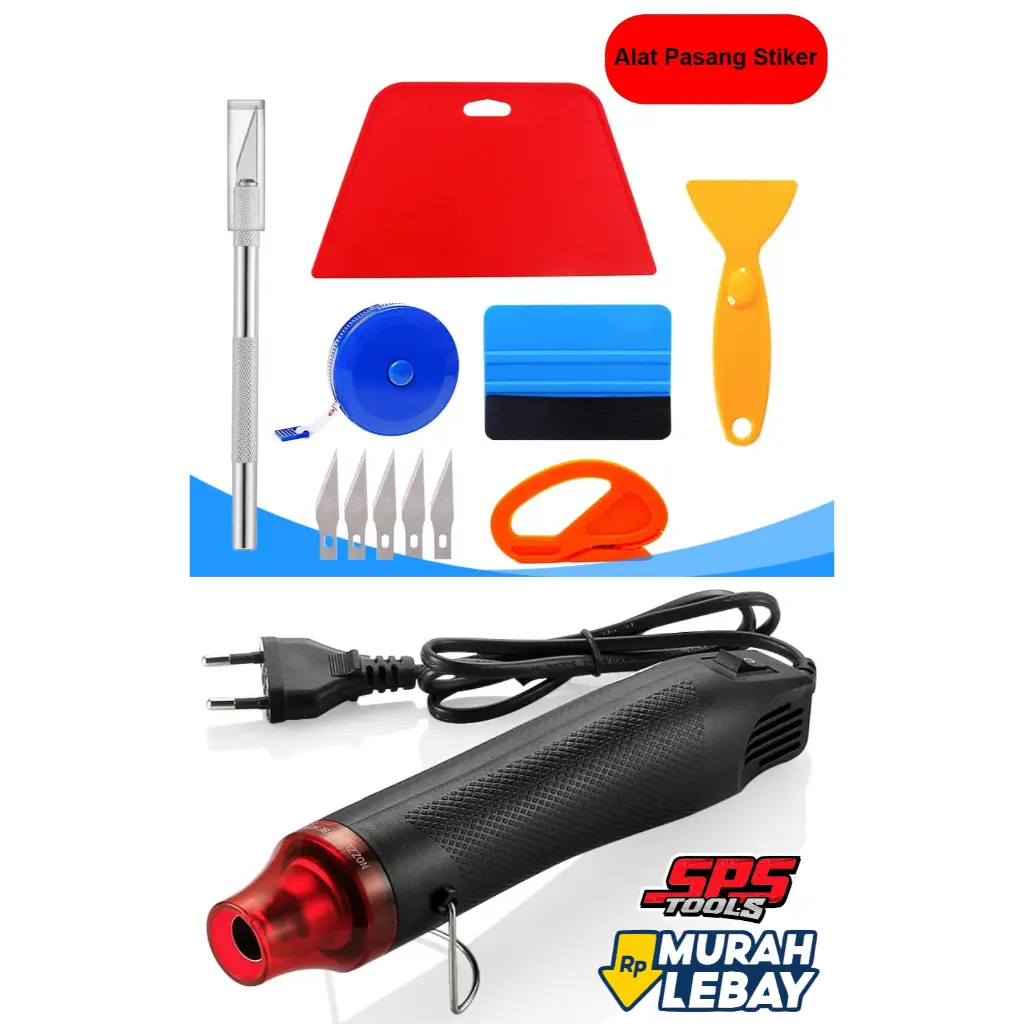 PAKET LENGKAP 12 pcs alat pasang stiker scrab scrap kafe hot gun heat gun portable alat pasang sticker striping wallpaper stripping transparan original pasang kaca film 3M Scrapper cutting cutter meteran spatula skotlait skotlet mobil motor