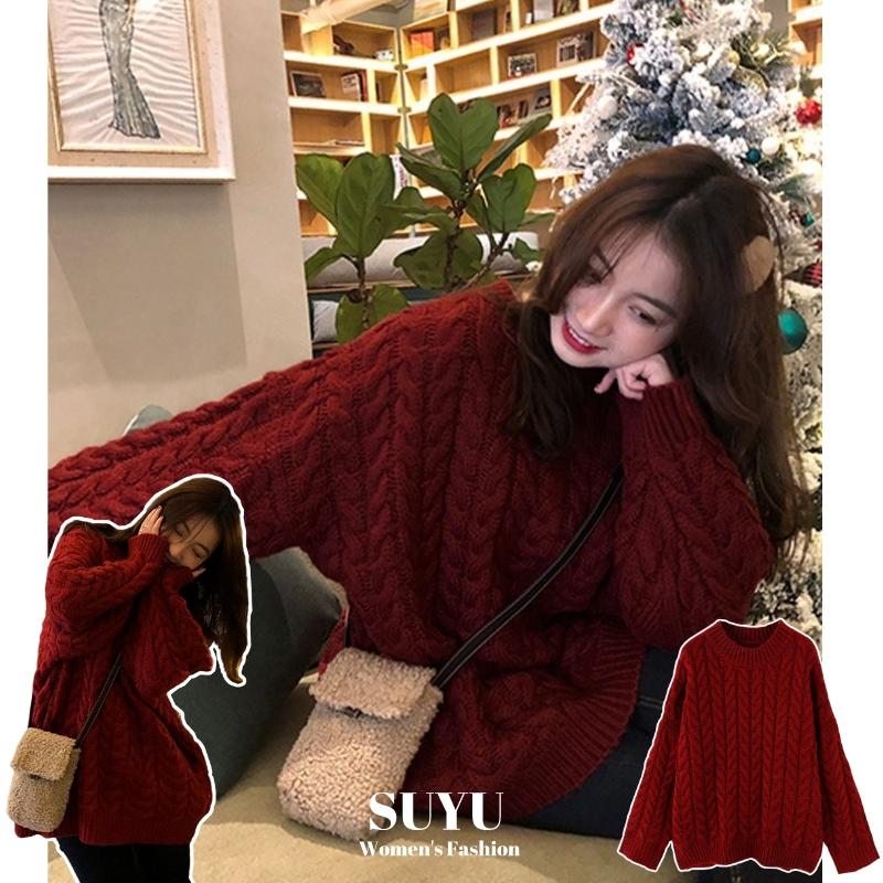 Đồ Len Đỏ, SUYU, Phong Cách Hàn Quốc, Cổ Tròn, Dáng Rộng Vừa Vặn, Dệt Kim, Dài Tay, Áo Len Xoắn, Năm Mới