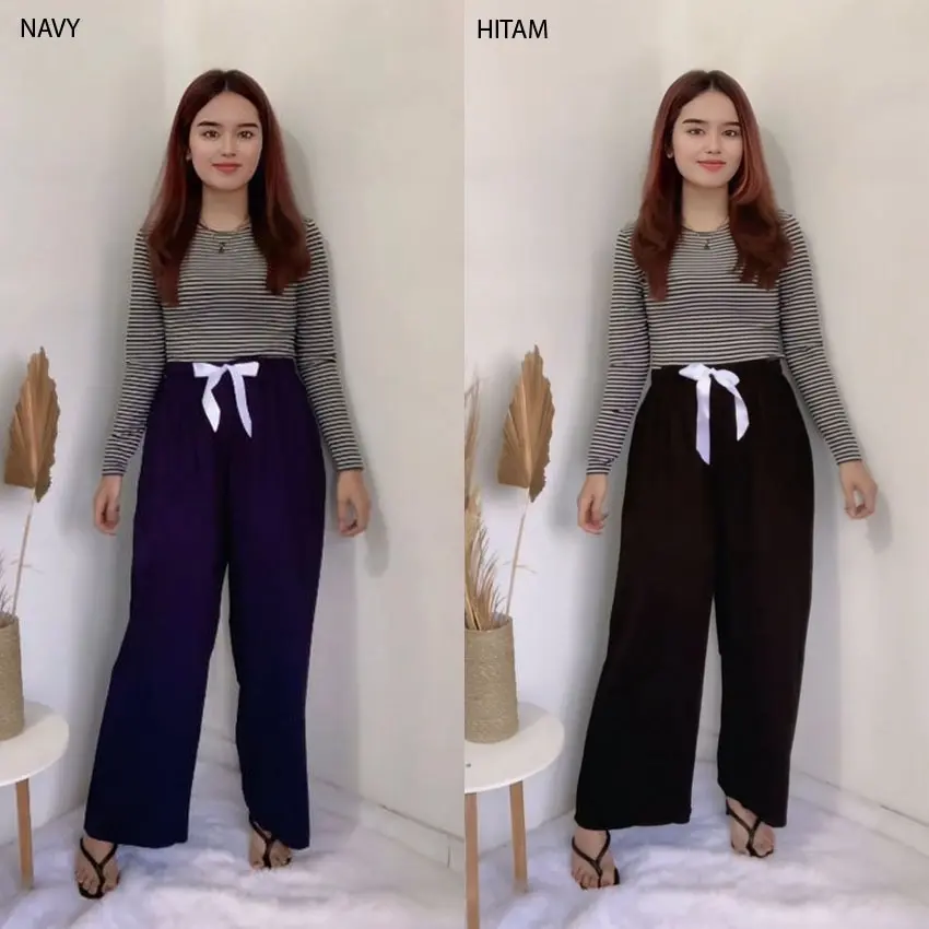 Celana Kulot rayon premium wanita jumbo Aksen pita all size Panjang Dewasa Hitam