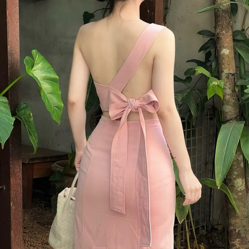 LILLIE | Đầm hồng thắt nơ dáng dài Dress
