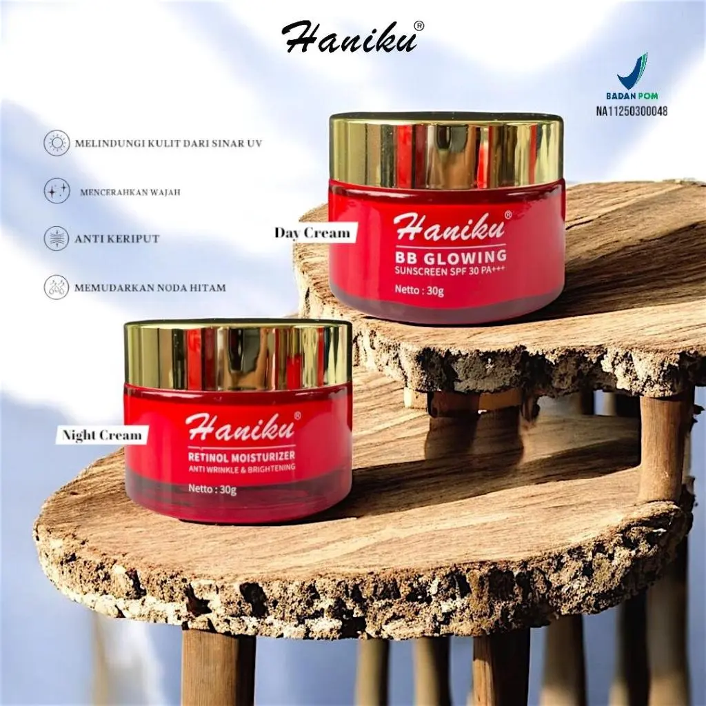 Haniku Paket 2in1  Moisturizer Dan Sunscreen BB Glowing SPF 30 Retinol Malam & Day Cream 30g