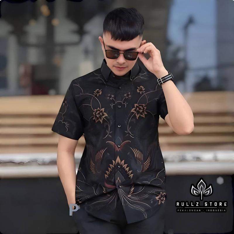 Kemeja Batik Pria Lengan Pendek - Bahan Katun Cowok Distro Dewasa Surfing Atasan Casual Panjang Motif Hitam - Kerja Kemeja batik Keren Hem Nyaman Baju Santai 9