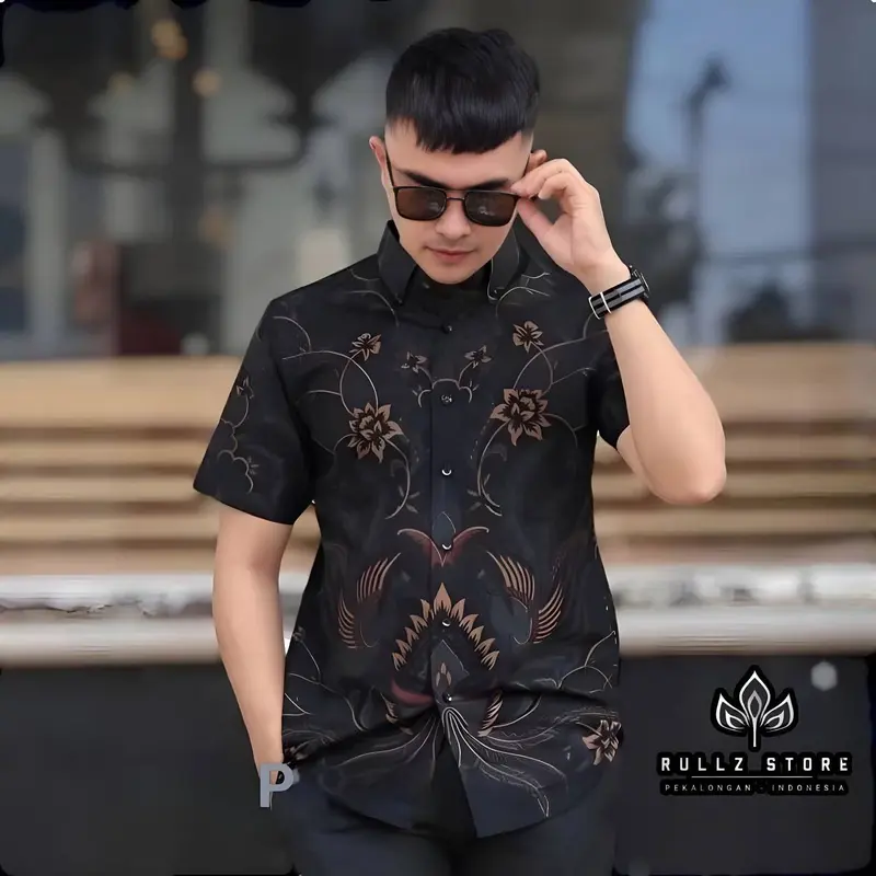 Kemeja Batik Pria Lengan Pendek - Bahan Katun Cowok Distro Dewasa Surfing Atasan Casual Panjang Motif Hitam - Kerja Kemeja batik Keren Hem Nyaman Baju Santai 8