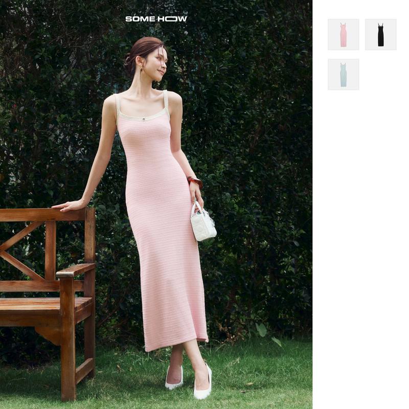 Giá Live Độc Quyền Đầm Dài Nữ Column Strap Basic Chất Vải Thun Len Đan Lưới Thoải Mái WDD079 SOMEHOW