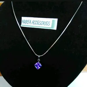 Kalung Titanium Wanita Diamond Blue Saphire Premium Import Quality Model Pipih Silver