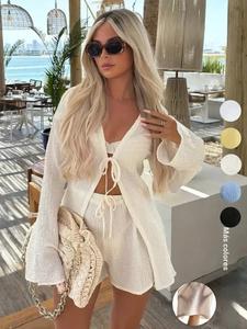 Conjunto de dos piezas para mujer con top de manga larga con frente con lazo y shorts, conjunto casual y cómodo de moda para uso diario y vacaciones, ropa de verano para damas