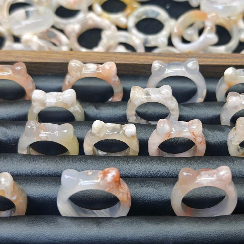  Nhẫn Tai Mèo Thần Tài May Mắn Làm Từ Đá Hoa Anh Đào Chạm Khắc Tinh Tế Sang Trọng 