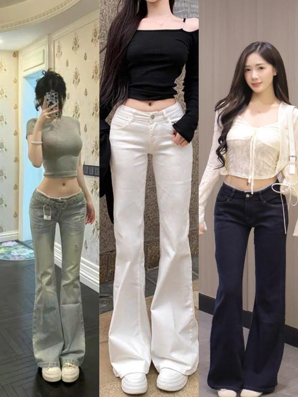 Quần jeans nữ ống loe cạp thấp phối ren màu xanh cổ điển mix đồ cực cháy trend 2025