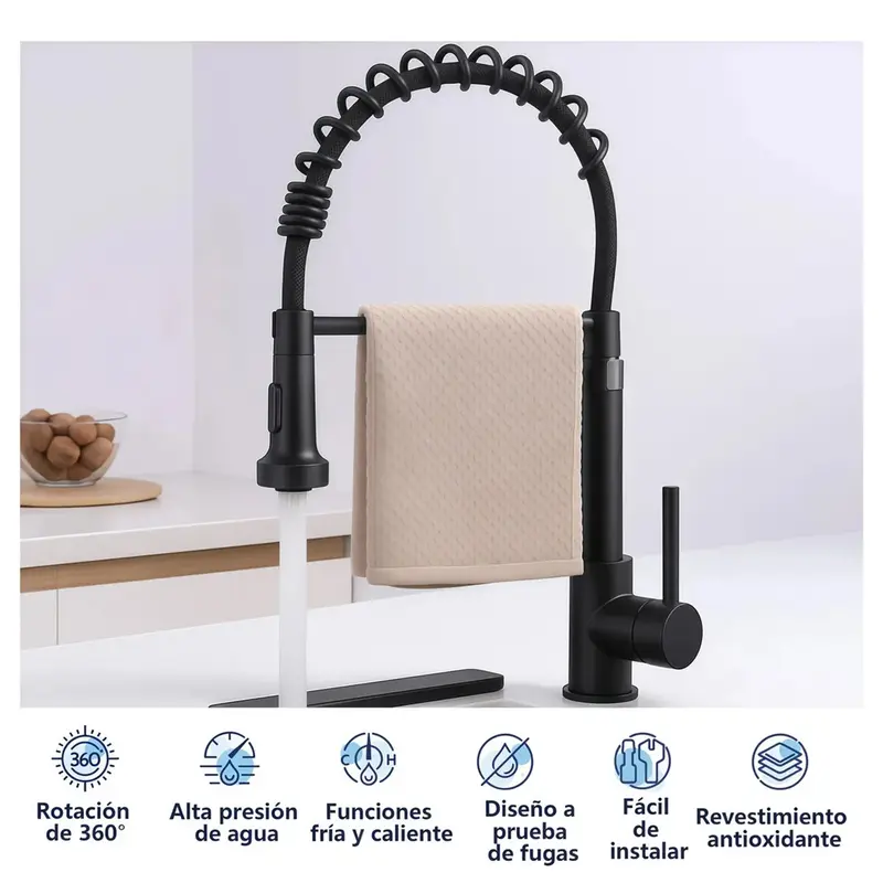 Llave Mezcladora Para Fregadero Cocina Negro Mate Monomando Retráctil Grifo Industrial Tarja Cuello Ganso Rociador Extraíble Moderna Elegante Alta Presión Cocina Integral Restaurante - Foto 2