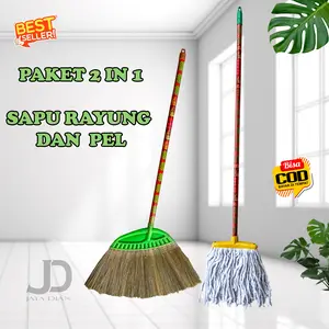 Paket 2 in 1 sapu rayung dan pel lantai / paket 2 in 1 / paket sapu / sapu rayung Gagang Kayu