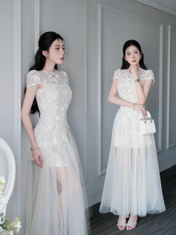 Đầm thiết kế ren vai hến xoè chân lưới sang chảnh - Thời trang nữ tính trong trẻo form chuẩn chất lượng cao