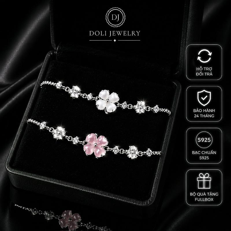 [20/10 - tặng hộp,túi,thiệp] Lắc tay cỏ 4 lá thạch anh trắng, hồng bac S925 - DOLI JEWELRY
