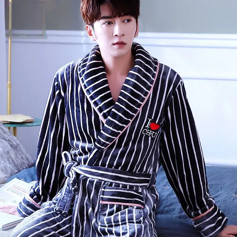 Firstrich-Nightgown Men's Thickened Flannel Lengthened Bathrobe Coral Fleece Bathrobe Velvet Pajamas Home Wear Autumn and Winter plus Size Men's Robe