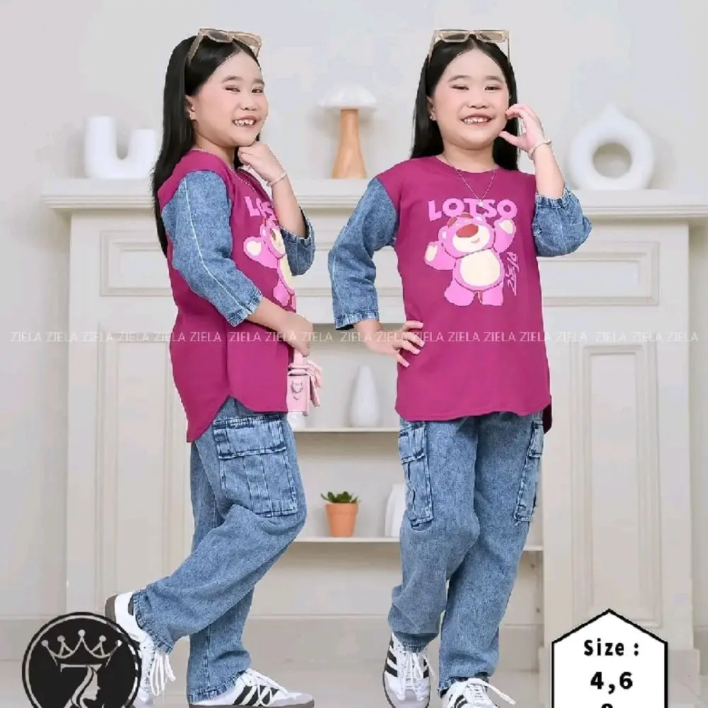 Setelan anak perempuan ziela kids Lotso bahan cotton combad 20s mix celana cargo jeans / setelan anak perempuan terbaru 2025 /  Lembut Nyaman
