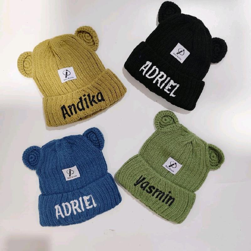 Topi Kupluk Telinga Anak Bayi INURHA Bordir Nama dg LABEL 1