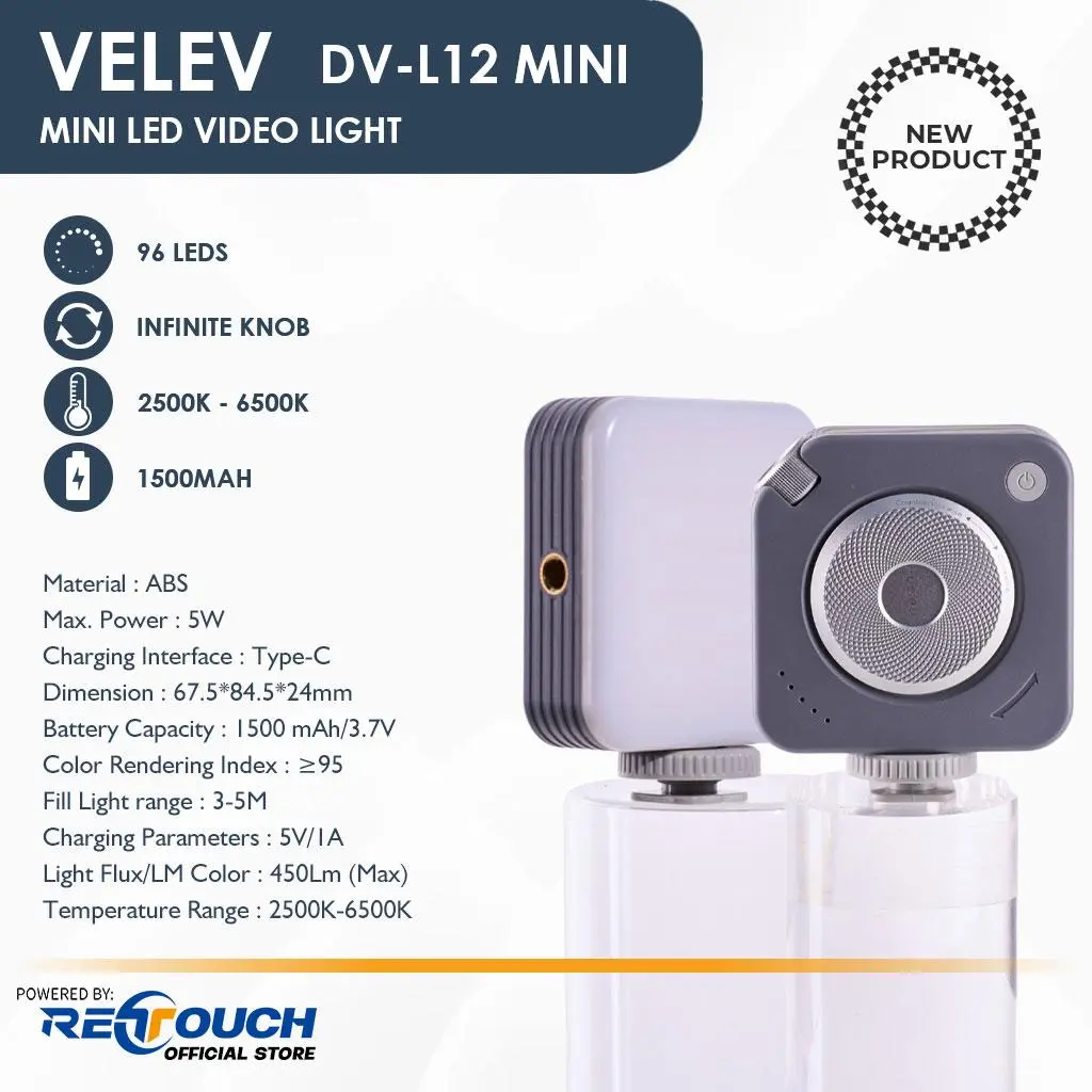 VELEV DV-L12 MINI - Lampu LED Video Mini dengan 96 LED, Knob Tak Terbatas, Rentang Suhu Warna 2500K-6500K, Baterai 1500mAh, Cocok untuk Perekaman Video & Fotografi
