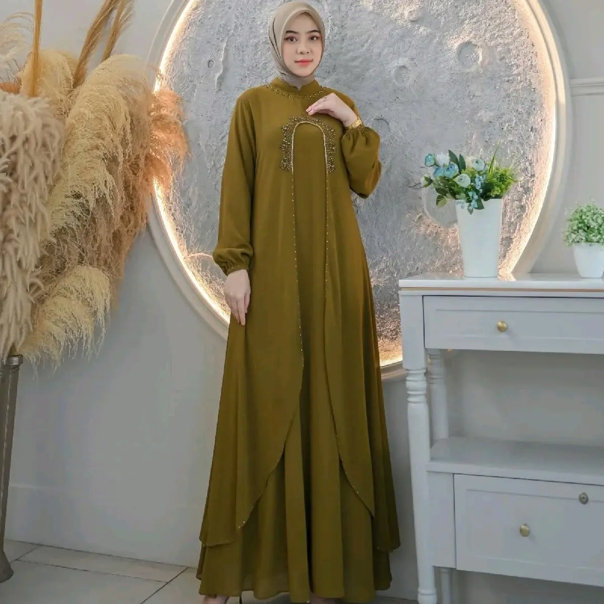 Anasera Dress Gamis Pesta Kondangan Simple Mewah Elegant Bahan Ceruty Babydoll Aplikasi Payet Mutiara Gaun Panjang Lebaran Wanita Muslim Remaja Dewasa Mocca