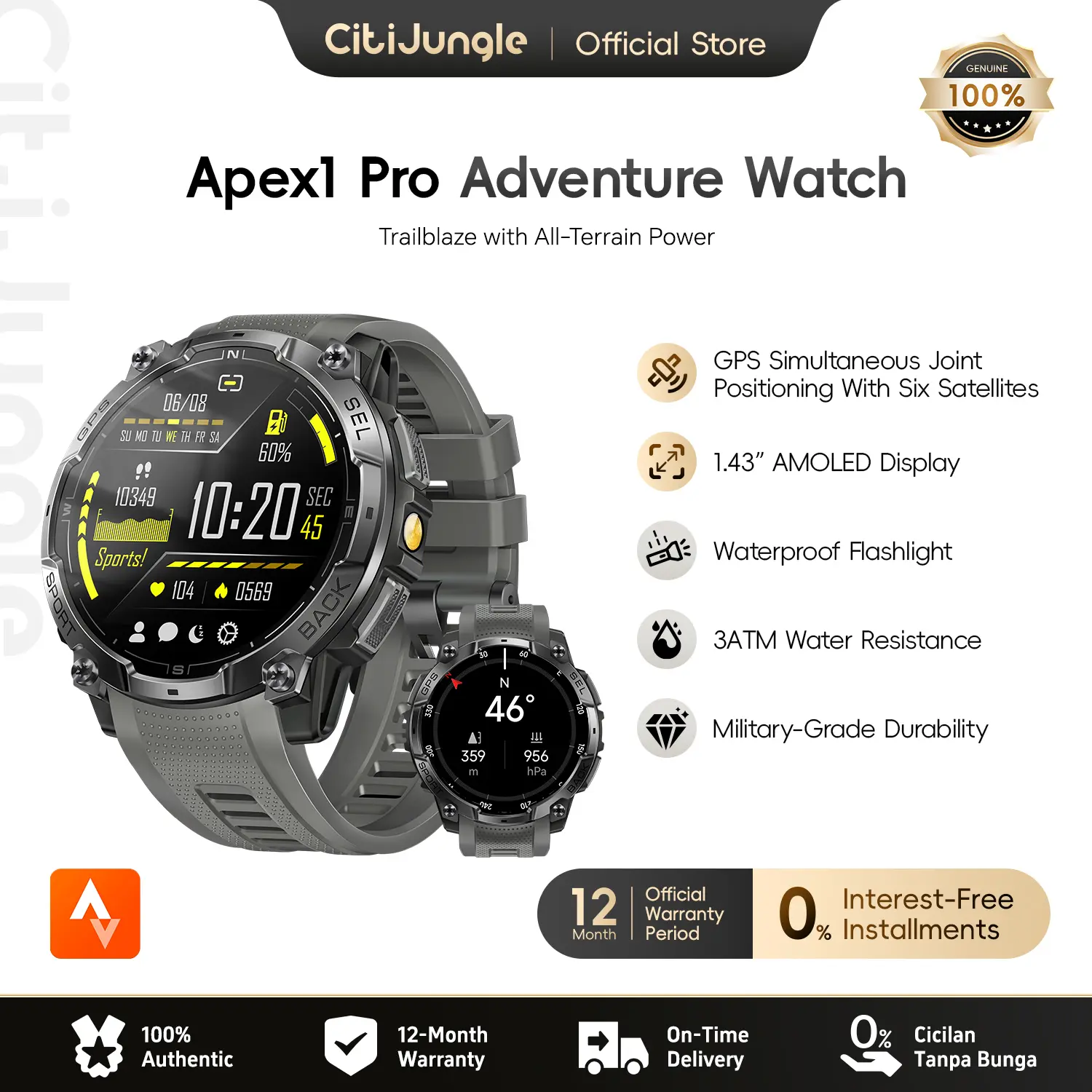 【Pemanasan Produk Baru】Citijungle Smartwatch APEX1PRO, Layar AMOLED HD 1,43", Senter Bawaan, GPS Multi-Satelit, Kompas + Altimeter, Tahan Air 3ATM, Baterai 530mAh, Ratusan Mode Olahraga, Pantau Detak Jantung, SpO2 & Stres, Bluetooth 5.3