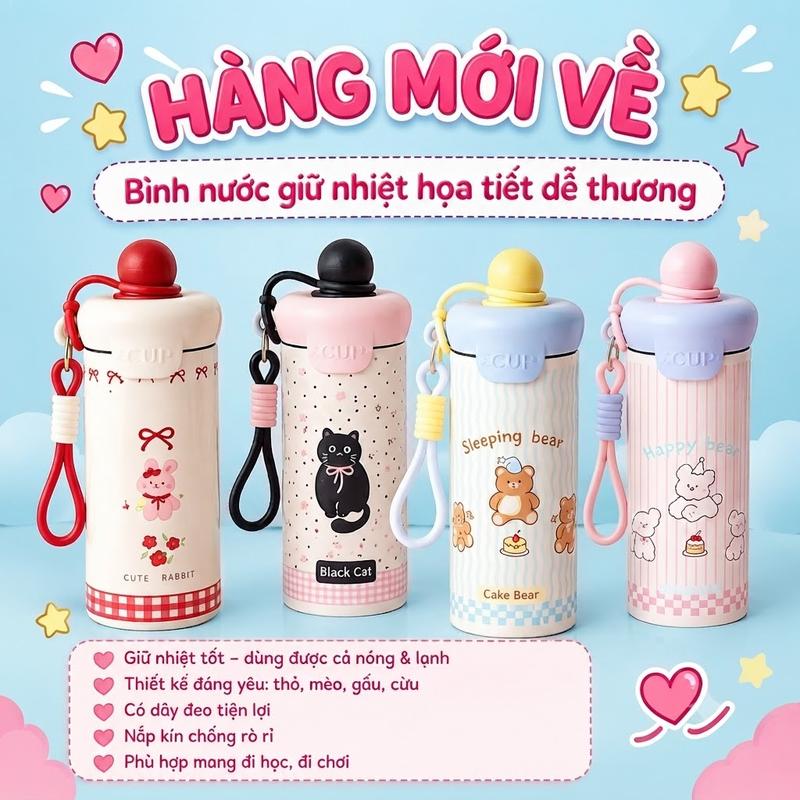 Bình Giữ Nhiệt inox 316 600ml Họa Hiết Dễ Thương, Giữ Nhiệt lâu