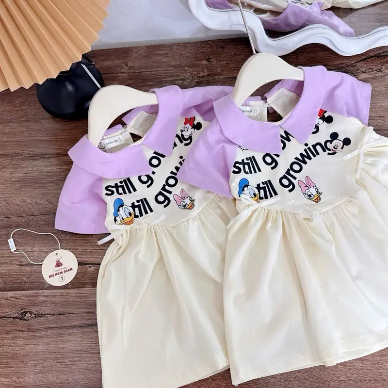 (Mẹ Kem Bean ) Váy polo cổ bẻ tím in hoạ tiết đáng yêu cho bé 6-30kg , váy bé gái mặc đi học , váy bé gái đi chơi 5