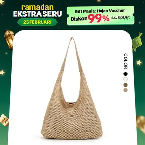 CHIYUM COD Tas Bahu Wanita Tote Bag Perempuan Tas Anyaman  Retro Kasual Tas Selempang Baru Berkapasitas Besar Tas Tangan Tenun Mode Tas Liburan Pantai Praktis Totebag Cewek Hitam
