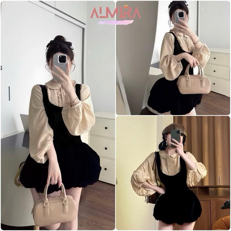  Sét Yếm Bí Nhung 2 Lớp Cột Nơ Lưng + Áo Sơ Mi Tay Phồng Chất Đũi Cổ Sen Viền Bèo 