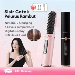 2 In 1 Sisir Catok Pelurus Rambut Elektrik Tanpa Kabel / Comb Sisir Pelurus Rambut Tanpa Kabel Cordless 4 Tingkat Tampilan