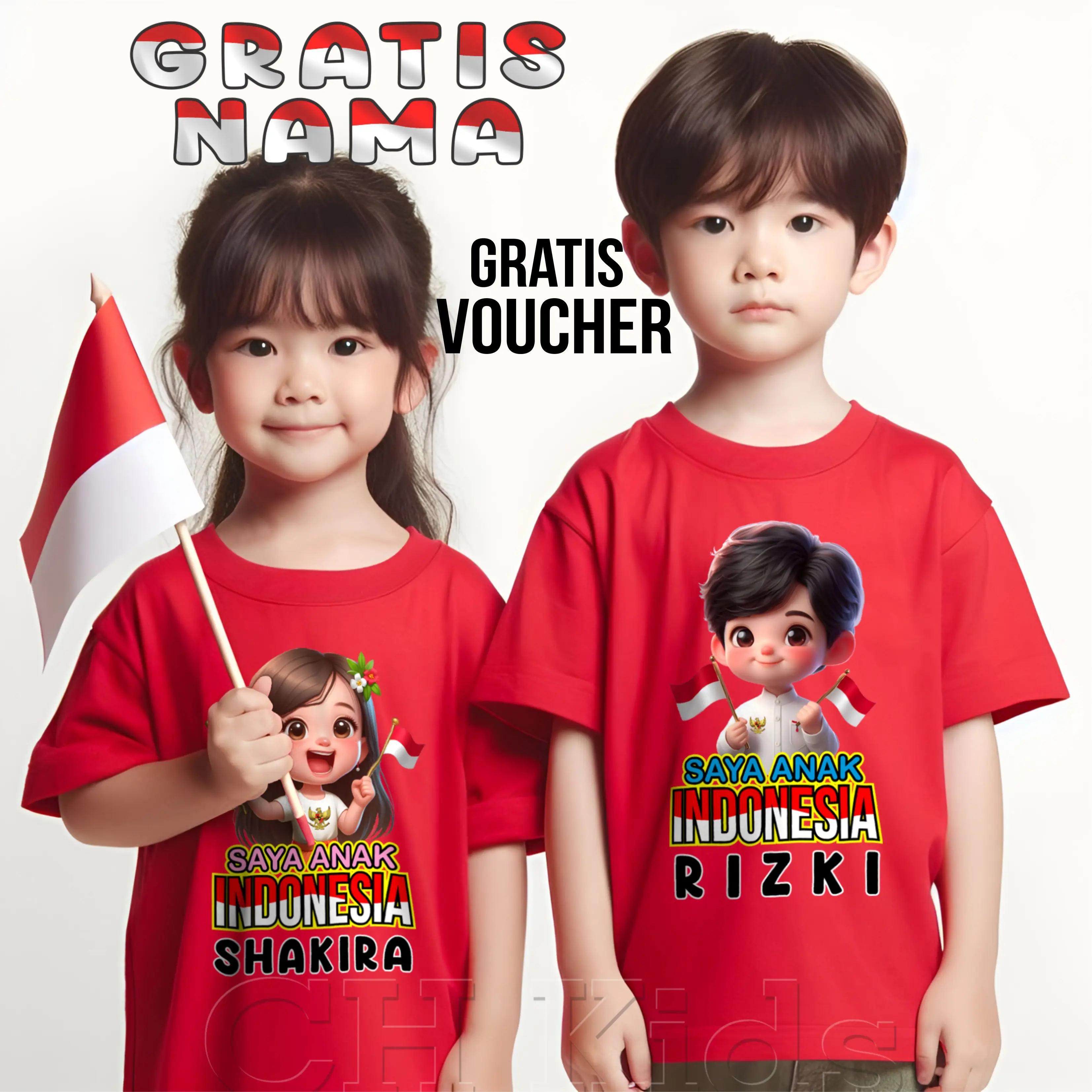 kaos anak HUT RI gratis nama anak bahan katun combed 28s untuk 1-14 thn Cowok Cotton