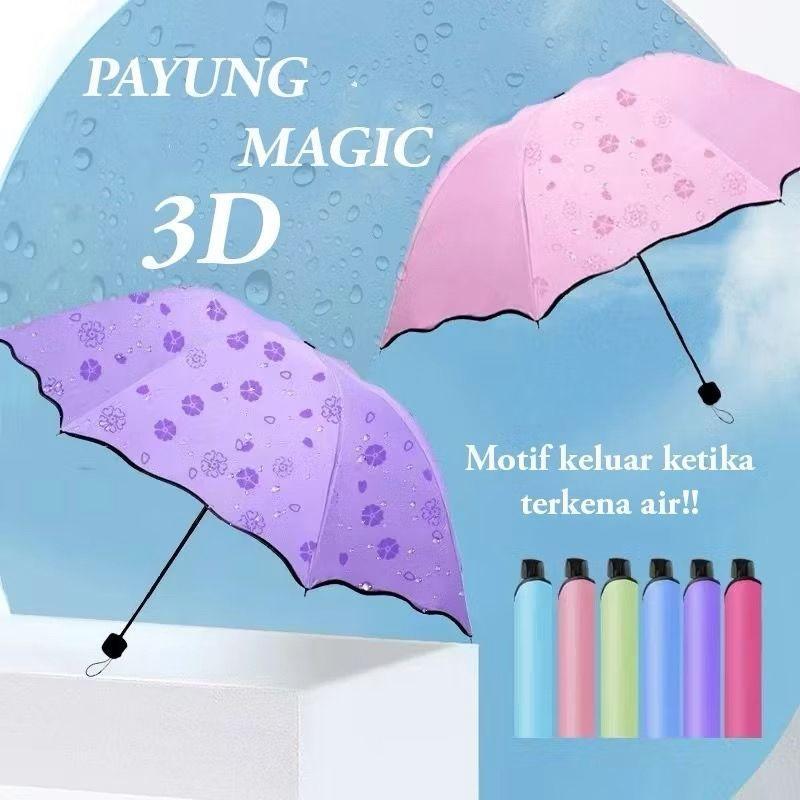LUXE Payung Lipat Magic 3D Motif Timbul Anti UV Bisa Lipat & Free Sarung Anti UV Lapisan Hitam Melindungi Sinar Matahari Gagang Kokoh  Nyaman
