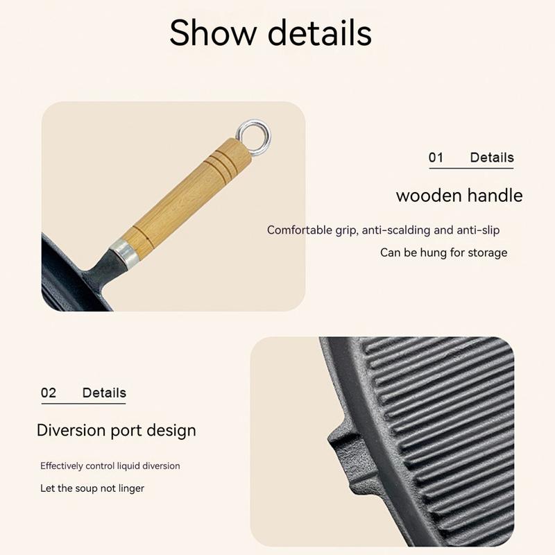 Product Introduction of Steak frying pan, wooden handle striped cast iron pan, household flat bottomed pan, uncoated cast iron thickened steak non stick pan 6