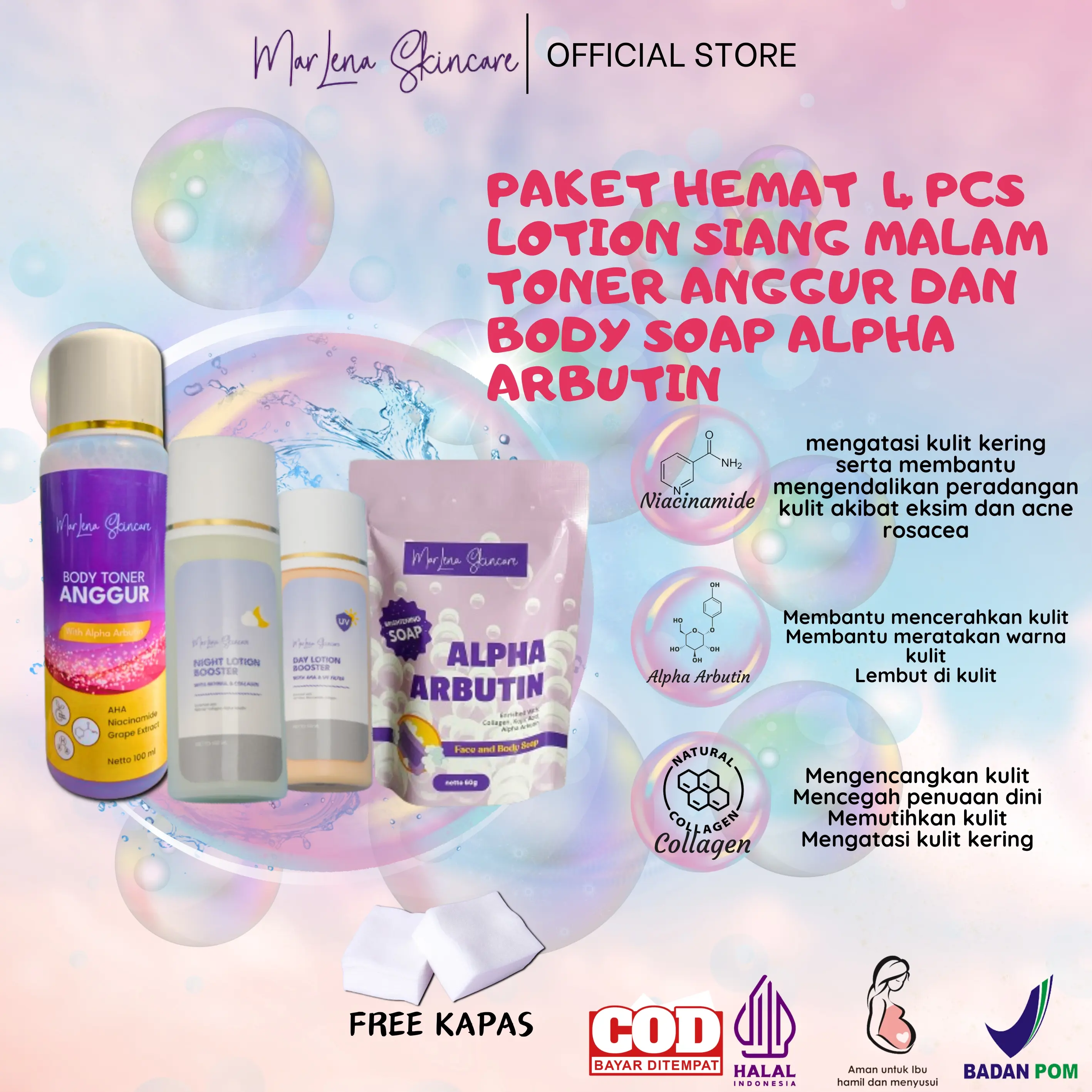 PAKET HEMAT ISI 4 BODY SOAP ALPHA ARBUTIN HB SIANG MALAM & TONER ANGGUR ARBUTIN FREE KAPAS