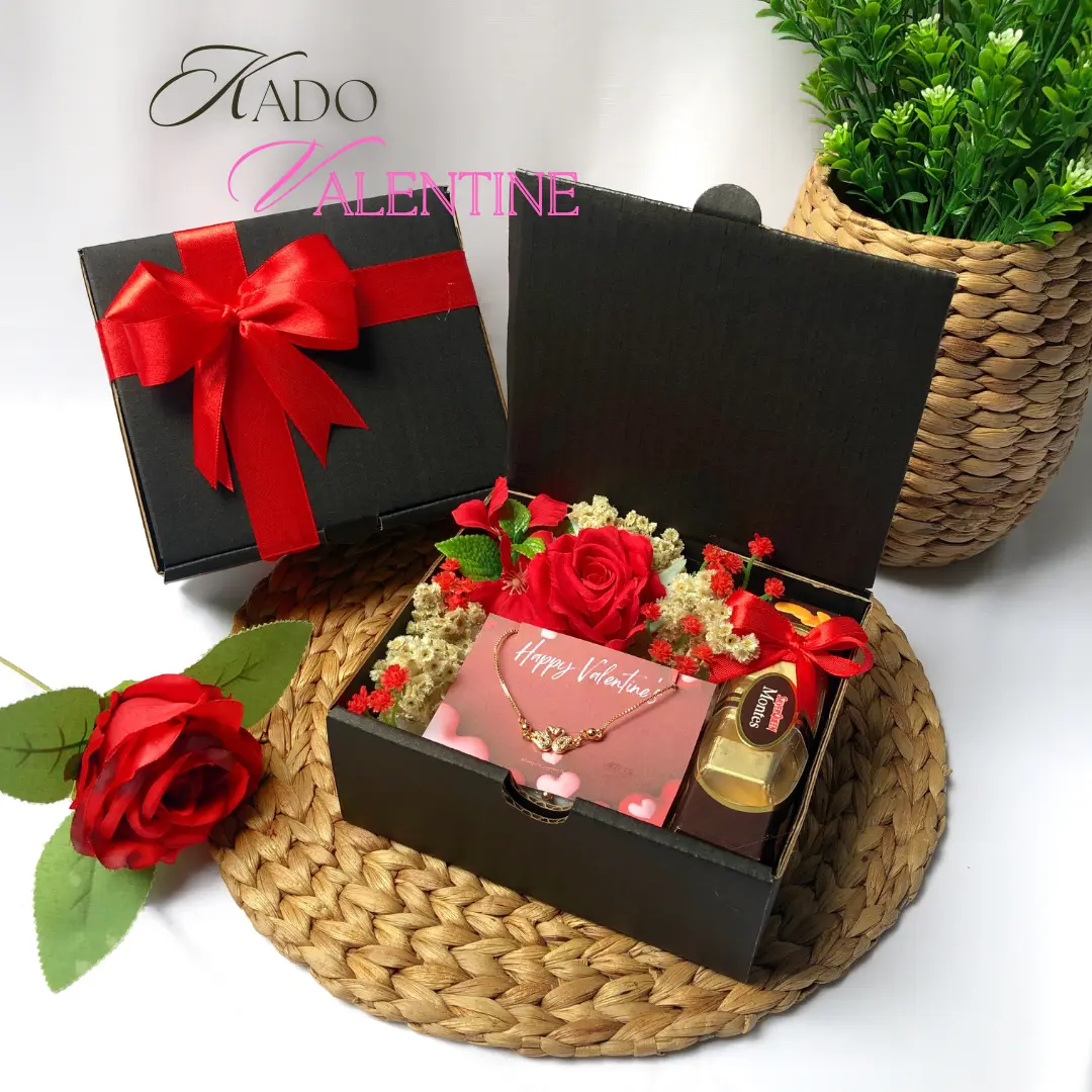 Hampers kado Valentine kado bunga artificial merah free kartu ucapan