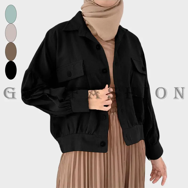 GNDFashion Atasan Baju Wanita Kemeja Saku Kancing Outher Crop Lengan Panjang Poli Linen - Casual Katun 2