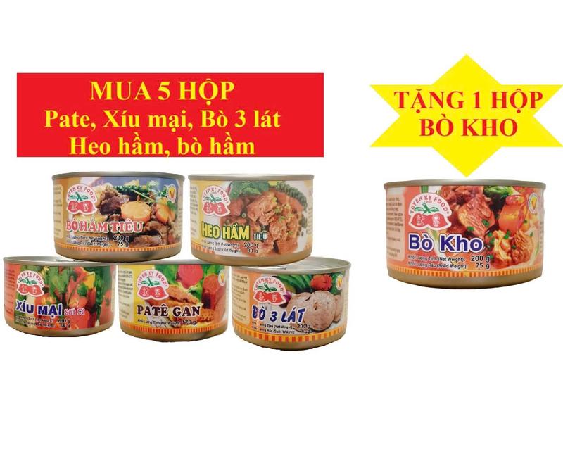 Mua 5 loại thịt hộp Tuyền Ký: Xíu mại, Pate gan, heo hầm tiêu xanh, bò hầm tiêu xanh, bò 3 lát tặng 1 hộp bò kho Tuyền Ký