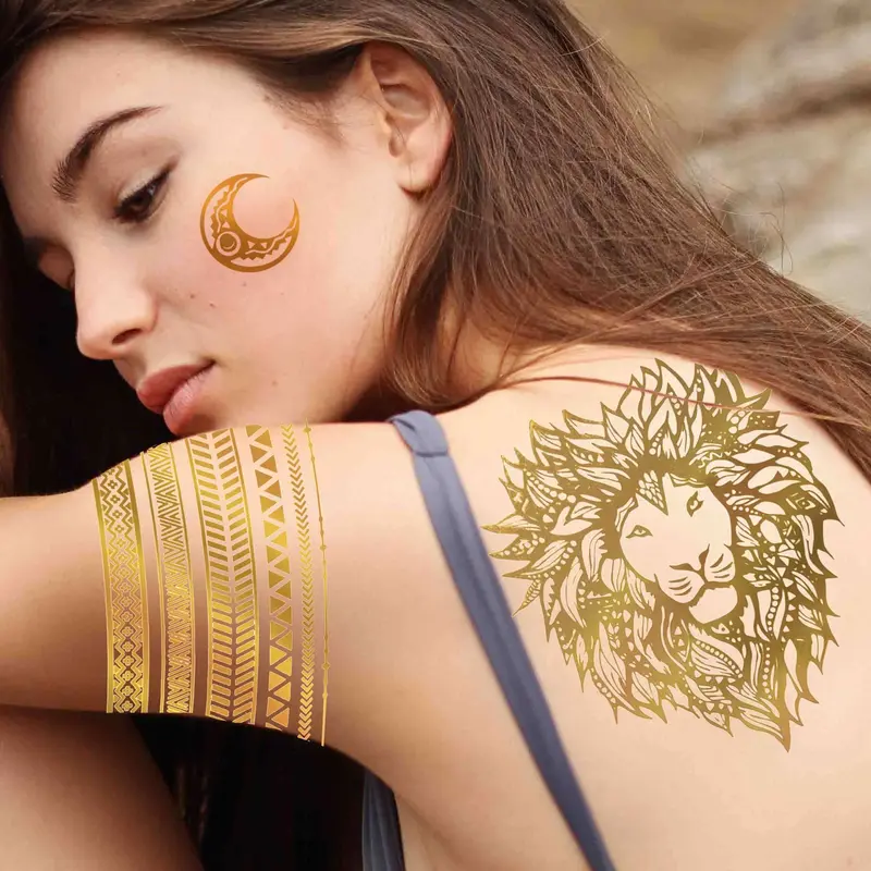 Metallic Temporary Tattoo Sticker, 9 Counts/set Glitter Fake Tattoo Sticker, Body Art Decoration for Women & Girls 2