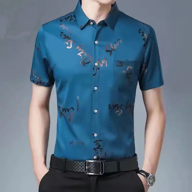 Men's Ice Silk shirt short sleeve business casual Korean style printing for office T-shirt plus size tops sweat shirt men's shirt xy0613