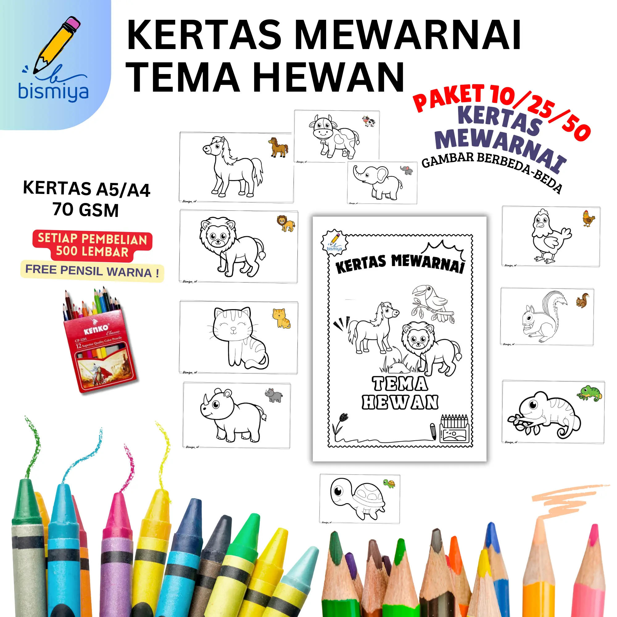 [G7H] Kertas Mewarnai Anak PAUD TK SD Gambar seri hewan A4, Lembar Belajar Ukuran 21x29 cm, Isi 10 Halaman untuk Kegiatan Melatih Kreatifitas Toys