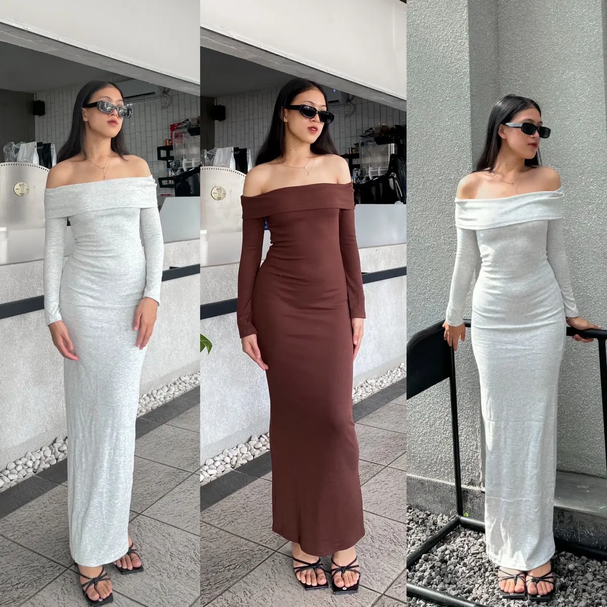 Long Dress Sabrina || dress sabrina lengan panjang wanita rib