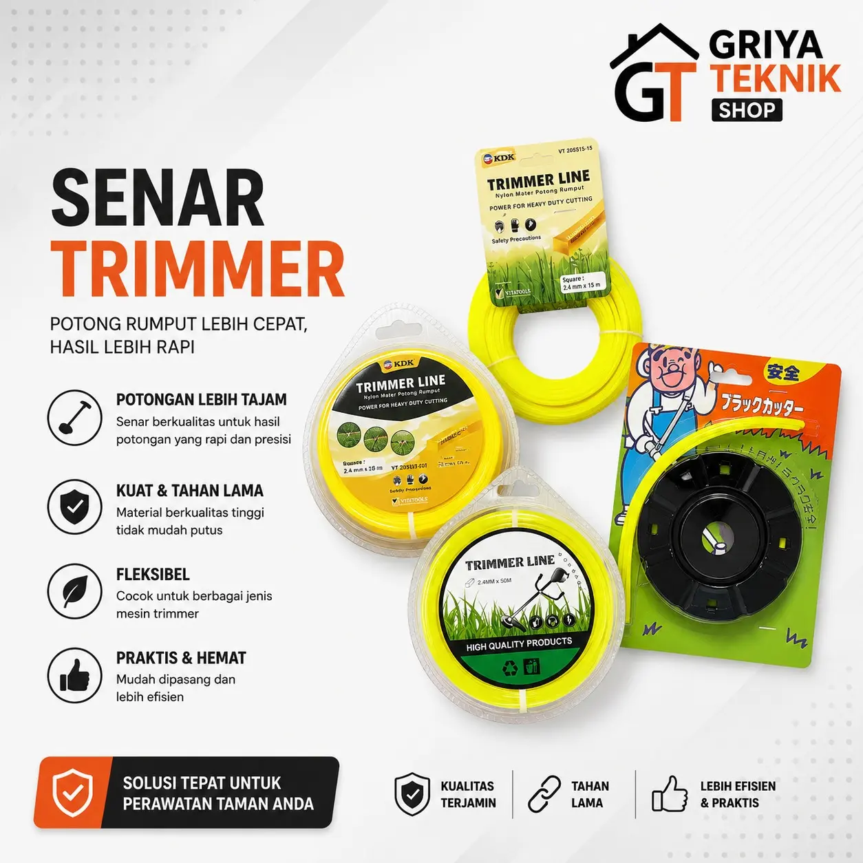 Paket Trimer Head Dudukan Senar & Trimer Line Pisau Senar Nylon Tali Senar Potong Rumput 10 Meter 15 Meter 30 Meter 50 Meter