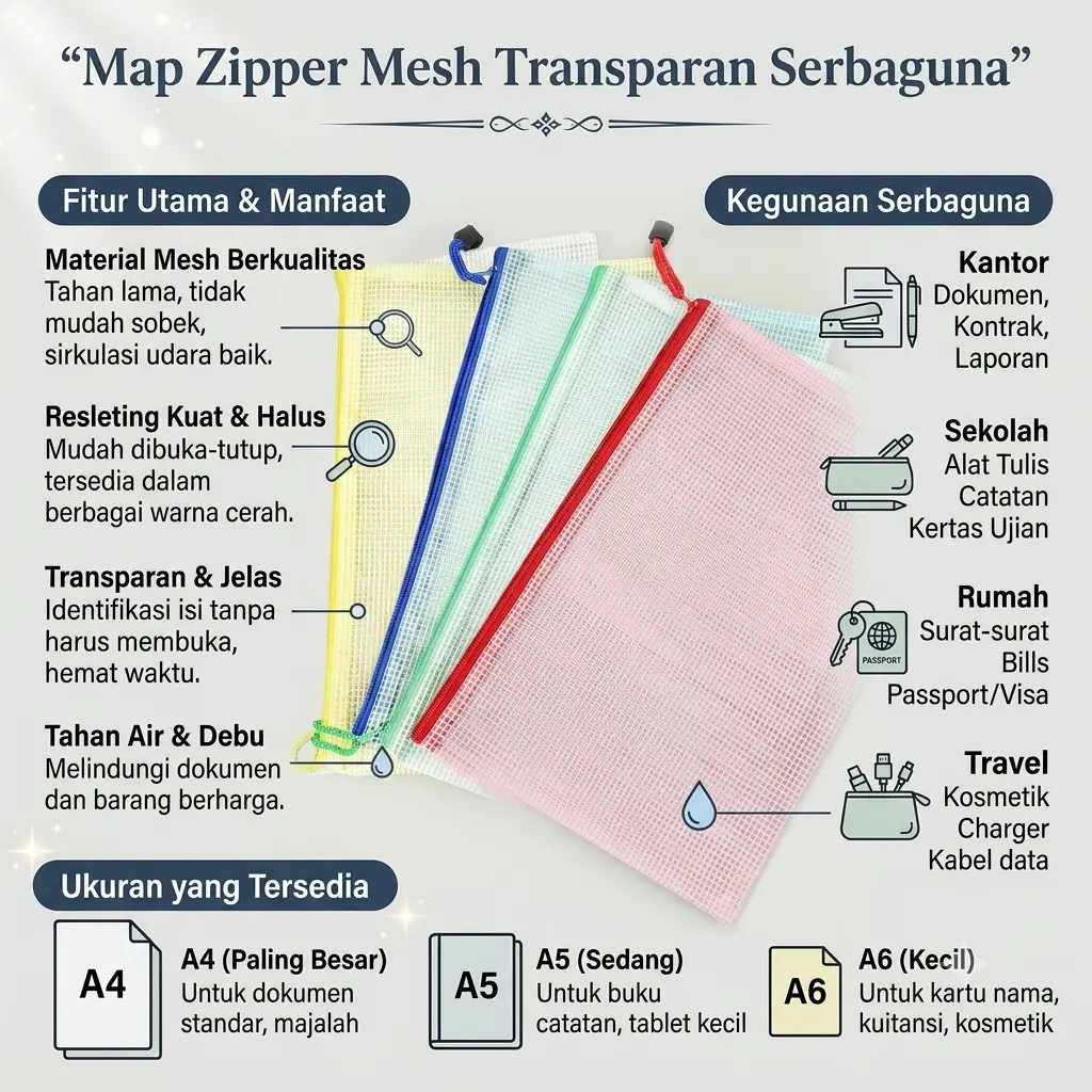 Map Zipper Mesh Transparan Serbaguna A4 A5 A6 – Tas Dompet Dokumen Jaring Plastik Waterproof , Tas Restleting penyimpanan buku berkas kantor , peralatan rumah tangga  BB