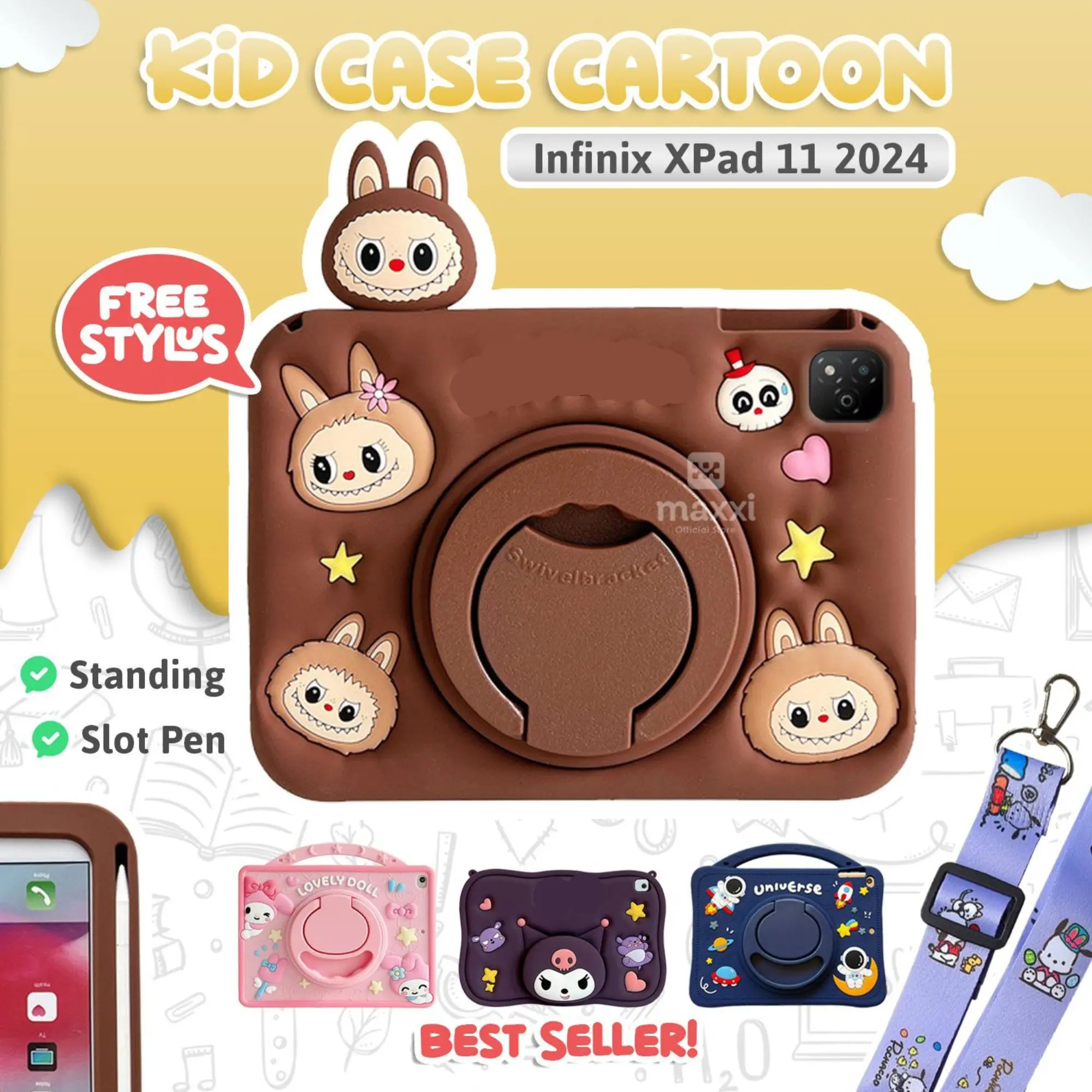 Case For Infinix XPad 11 X Pad 11" Inch 2024 WiFi 5G LTE Casing Tablet Softcase Anak Rotate 360 Kesing Stand Karakter Cokelat Lucu Cover Slot Pen Tali Motif Stylus Silicone