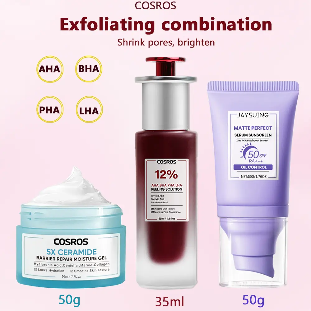 Bộ Chăm Sóc Da, COSROS, Bao Gồm Dung Dịch Lột Axit Trái Cây, Huyết Thanh, 35ml, Kem Dưỡng Ẩm Ceramide 5X, 50g, Mặt Nạ Bùn Ngải Cứu Chống Lỗ Chân Lông Và Mụn Trứng Cá, 55g