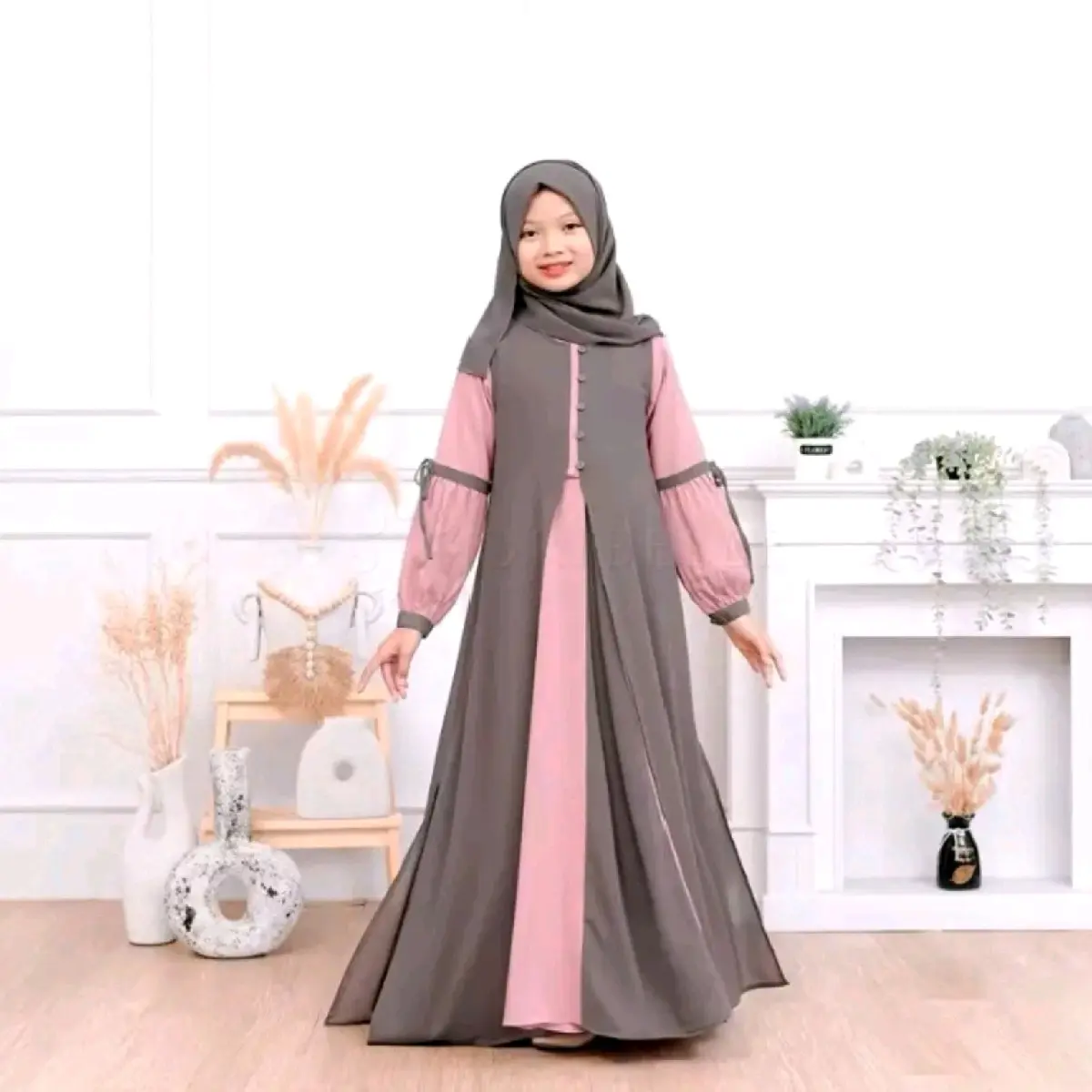 gamis Syari remaja plus kerudung pashmina usia 8-15 tahun rekomendasi idul Fitri (Lebaran) bahan crinkle  Airflow mix ceruty babydoll Muslim  Mewah Dress Anak